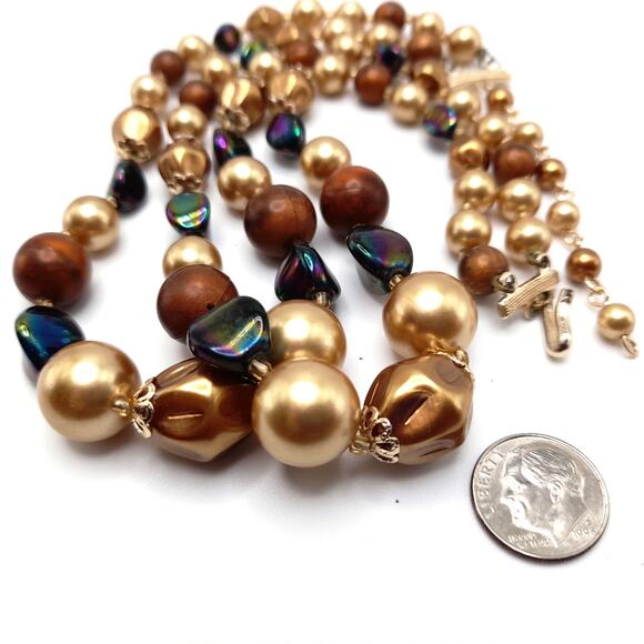 Vintage Japan Art Bead Necklace, Two Strands, Iridescent Earth Tones, 16" - Picture 12 of 13